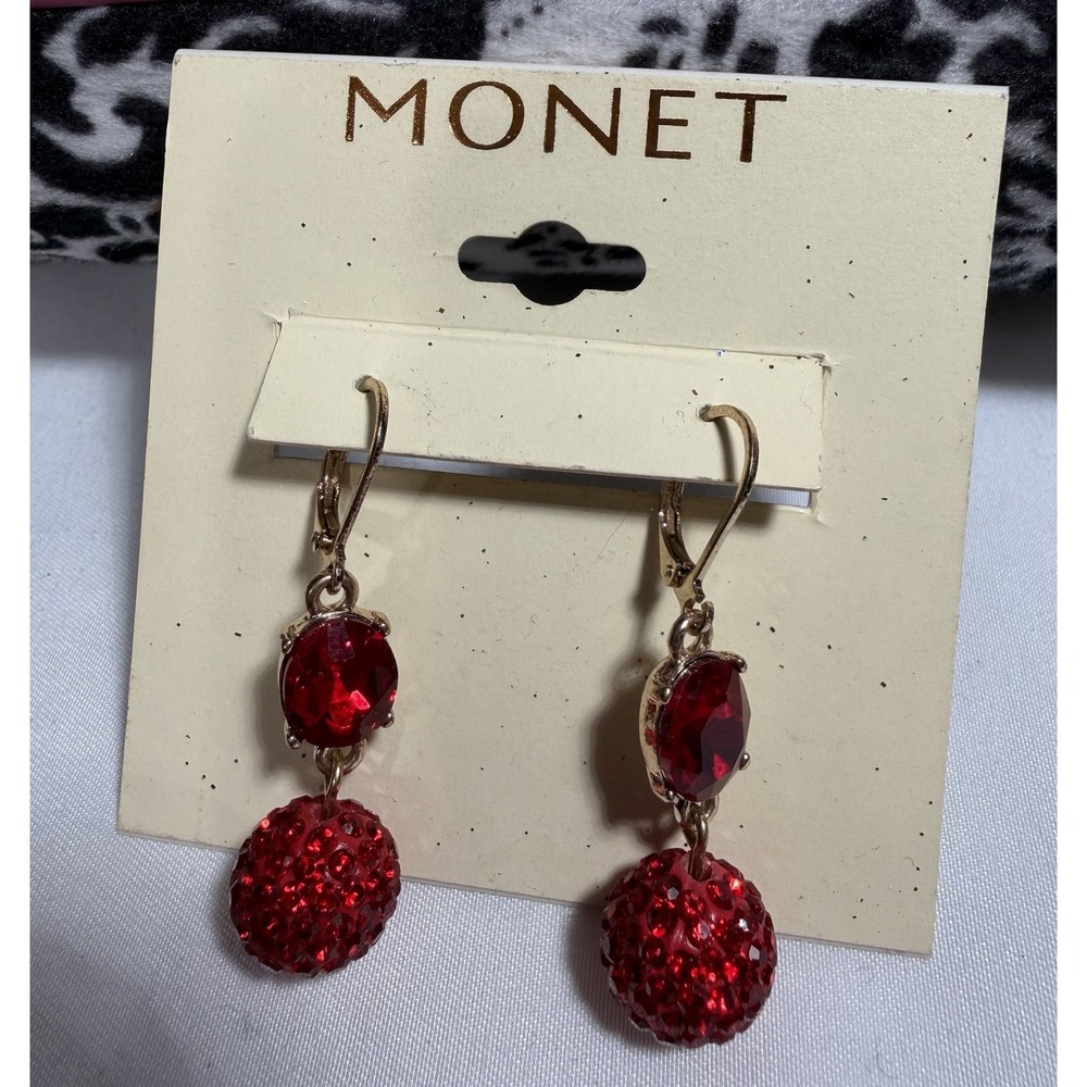 NWT Vintage Monet Red Rhinestone Crystal Ball Drop Dangle Leverback Earrings